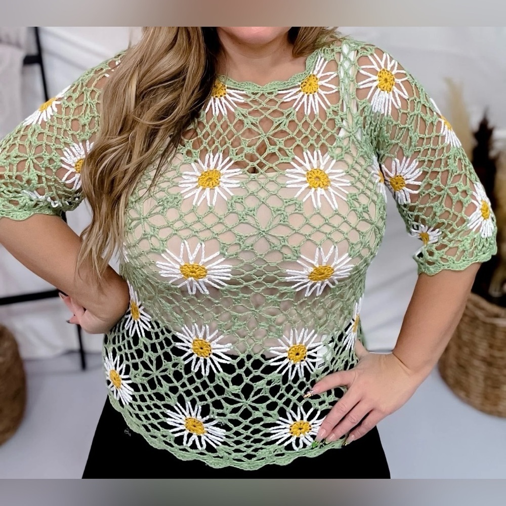 Green Floral Crochet Top-NO STRECTH